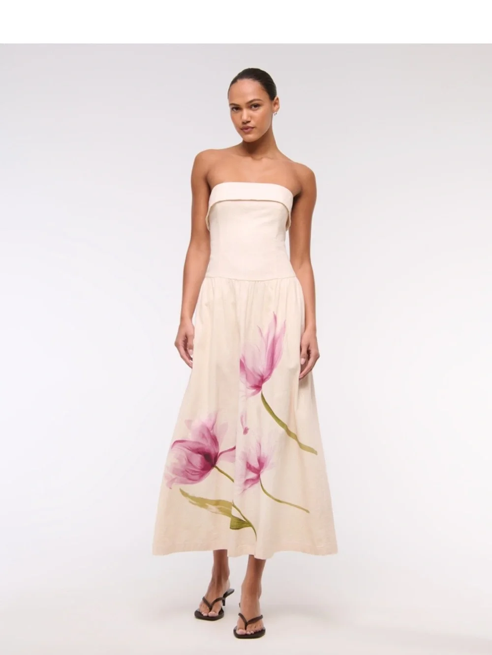 Abercrombie & Fitch Strapless Drop Waist Linen-Blend Cream Maxi Dress